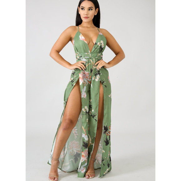 Pants - Womens Green Floral Print Double Slit Leg Jumpsuit